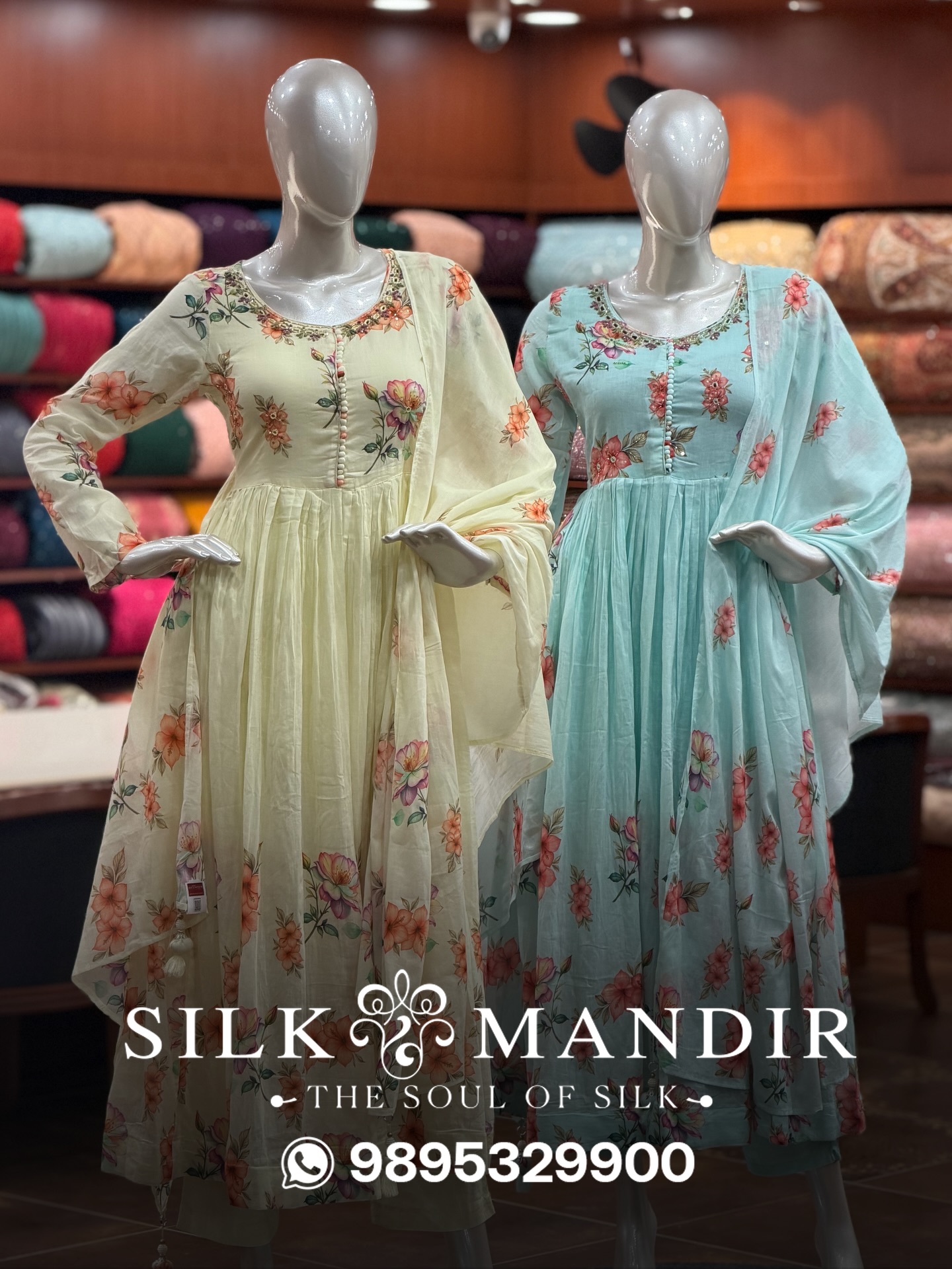 Floral printed anarkali kurti sets on mannequins