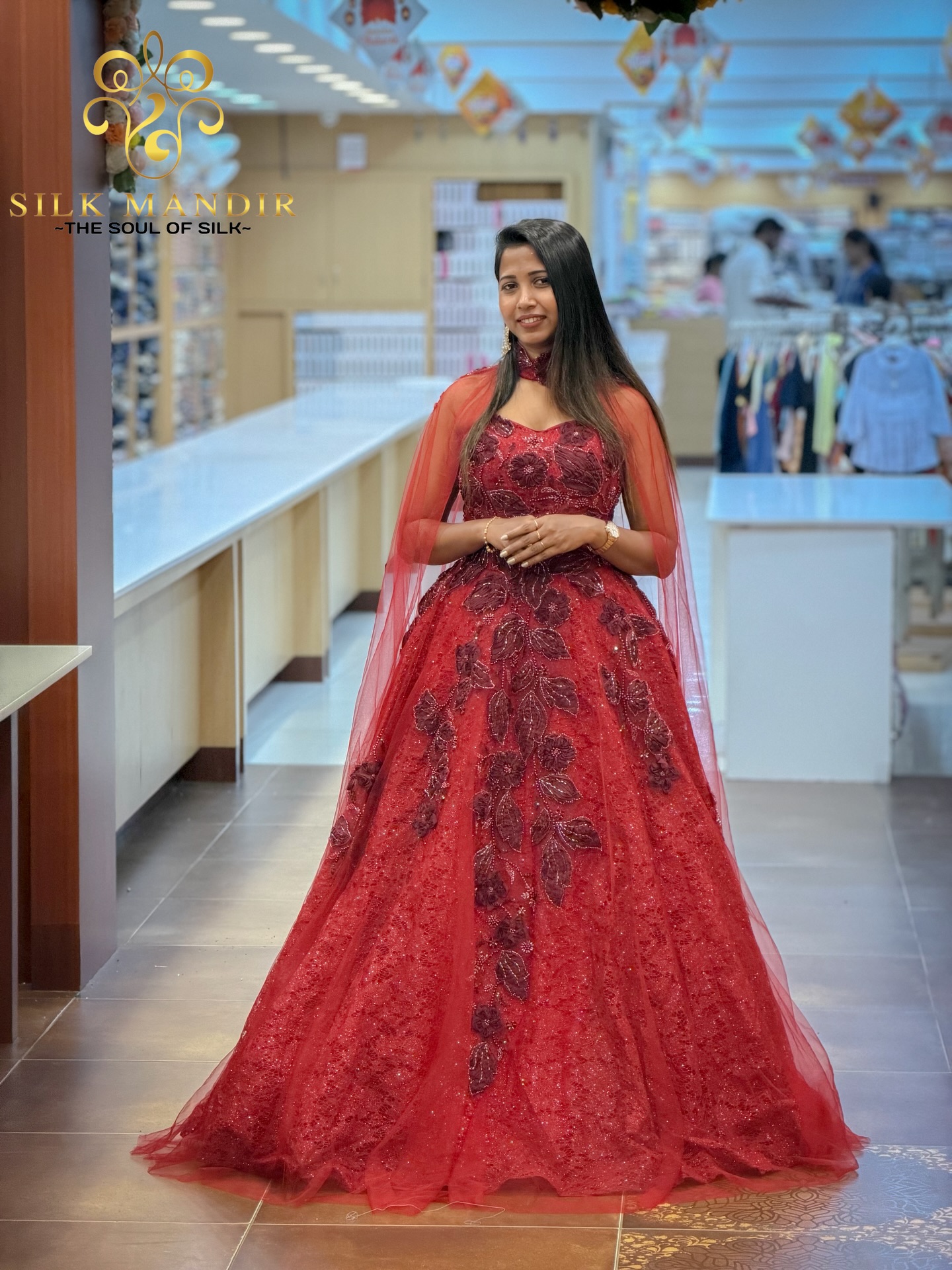 Crimson sequin ball-gown